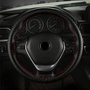 38cm Four-season Embossed Hand-sewn Cowhide Steering Wheel Cover(Black+Black Line)