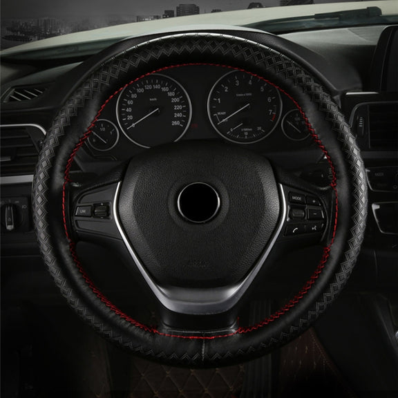 38cm Four-season Embossed Hand-sewn Cowhide Steering Wheel Cover(Black+Black Line)