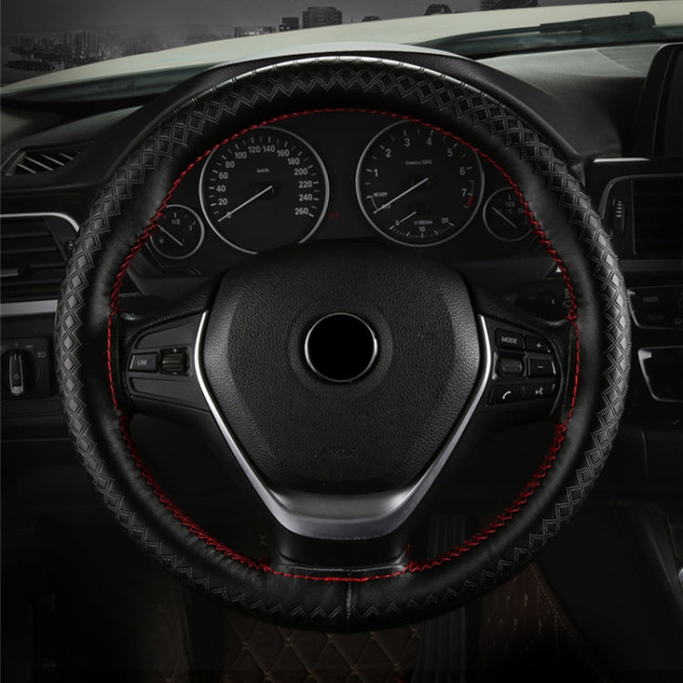 38cm Four-season Embossed Hand-sewn Cowhide Steering Wheel Cover(Wine Red)