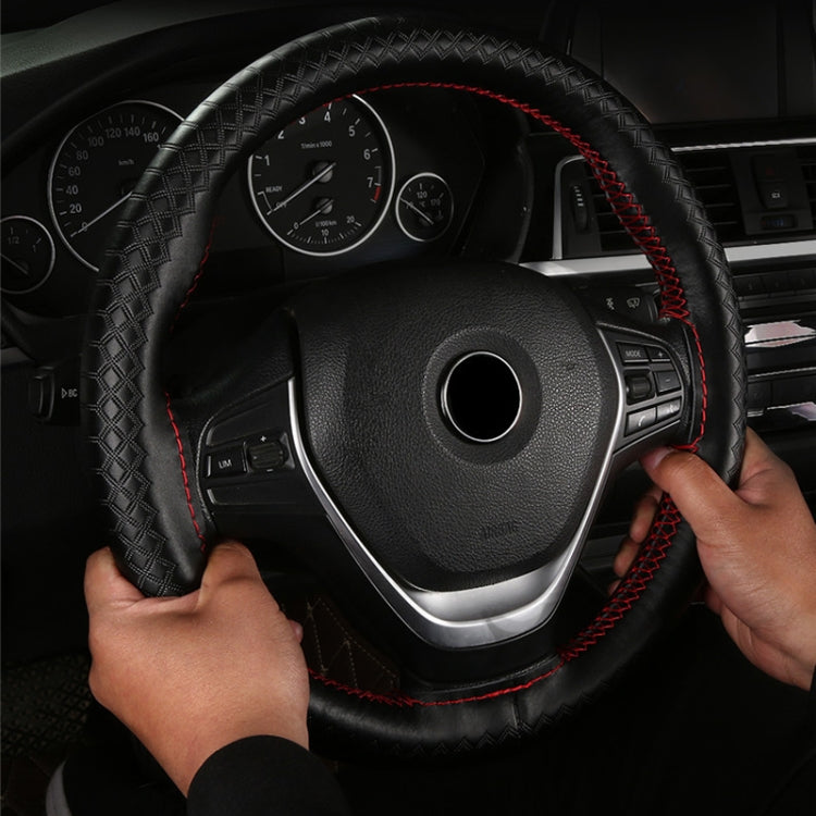 38cm Four-season Embossed Hand-sewn Cowhide Steering Wheel Cover(Wine Red)