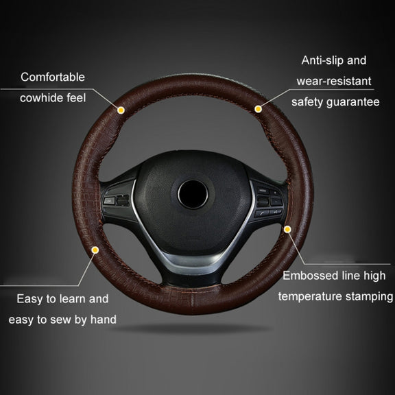 38cm Four-season Embossed Cowhide Hand-sewn Steering Wheel Cover(Wine Red)