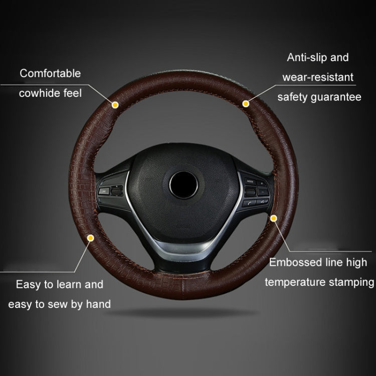 38cm Four-season Embossed Cowhide Hand-sewn Steering Wheel Cover(Wine Red)