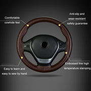 38cm Four-season Embossed Cowhide Hand-sewn Steering Wheel Cover(Black+Black Line)