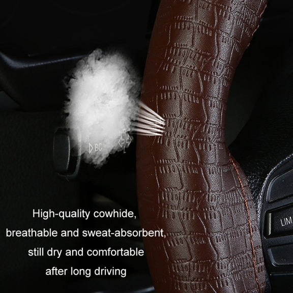 38cm Four-season Embossed Cowhide Hand-sewn Steering Wheel Cover(Brown)
