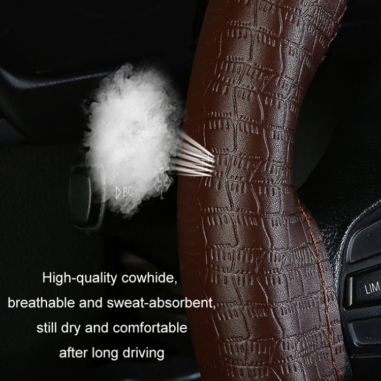 38cm Four-season Embossed Cowhide Hand-sewn Steering Wheel Cover(Brown)