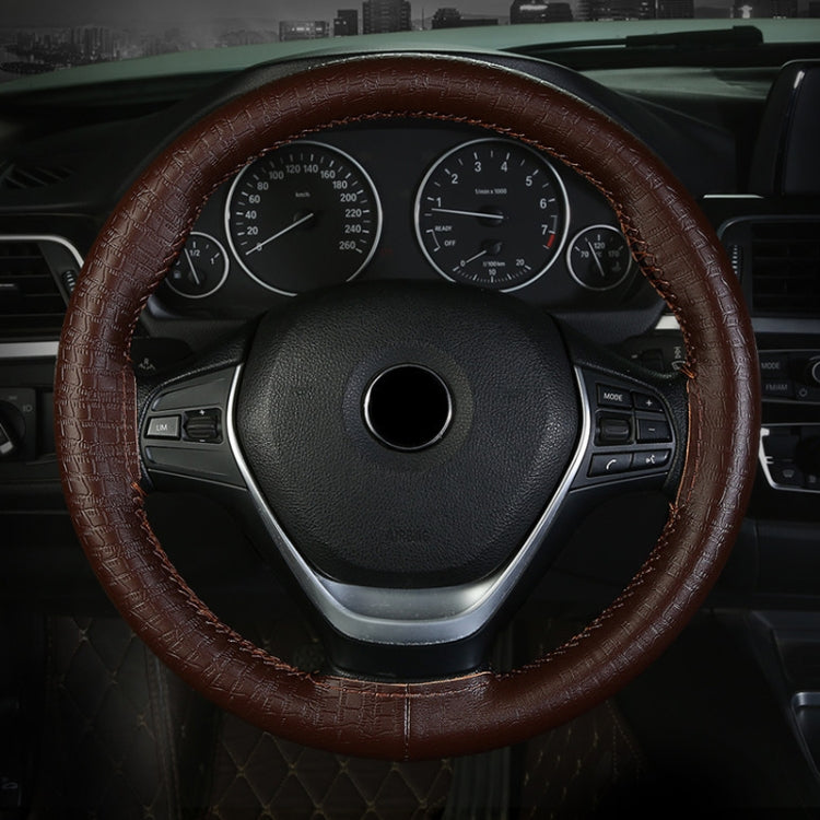 38cm Four-season Embossed Cowhide Hand-sewn Steering Wheel Cover(Brown)