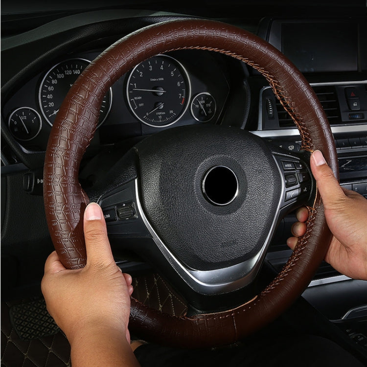 38cm Four-season Embossed Cowhide Hand-sewn Steering Wheel Cover(Brown)