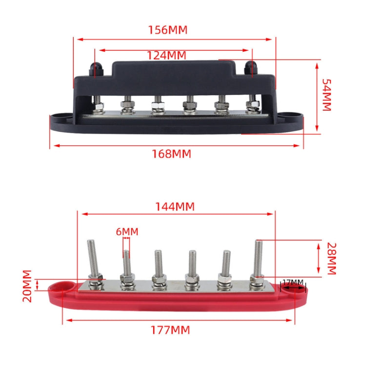 M6 RV Yacht High Current 6-column 250A Base Busbar, Color: Red + Black