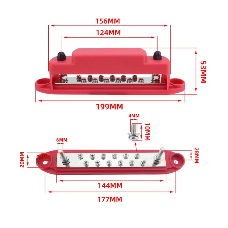 M6 2-post 12-way RV Yacht Terminal Nylon Flame Retardant Busbar, Color: Red+Black 1pair