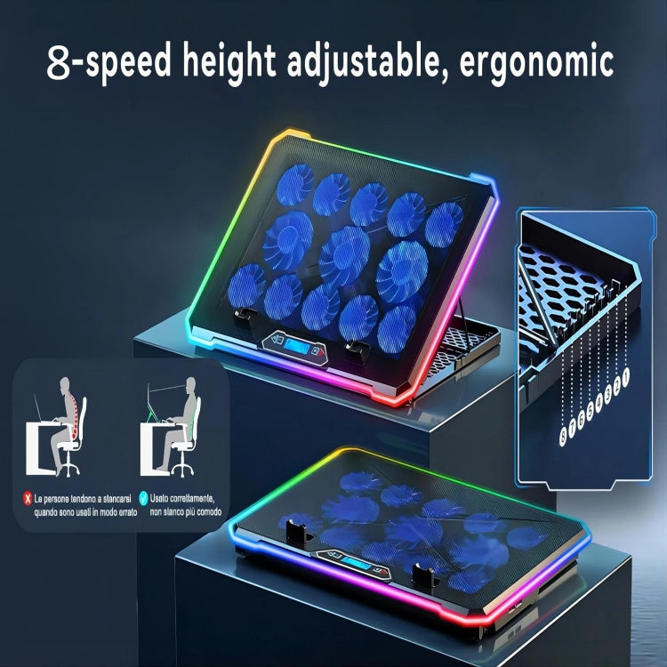 ICE COOREL K15C Smart Adjustable Laptop Radiator Base With RGB Lighting Effect, Color: 15 Fans