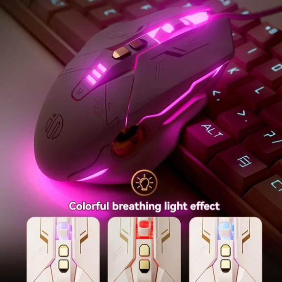 Inphic W8 Upgraded Wired Gaming Mice Macro Definition Light Emitting Mute Computer Mouse(Milk Tea Color)