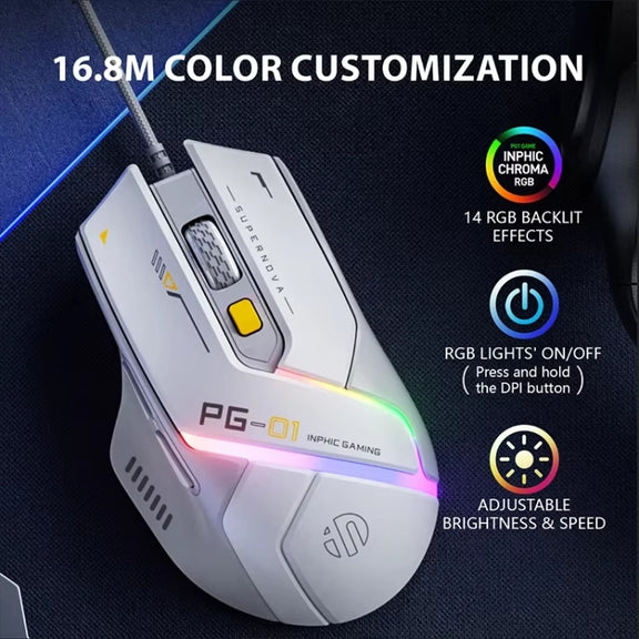 Inphic PG1 RGB Light Emitting Computer Gaming Wired Mouse(White)