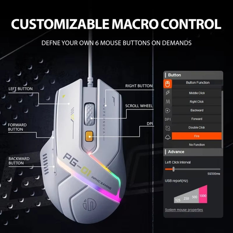 Inphic PG1 RGB Light Emitting Computer Gaming Wired Mouse(White)