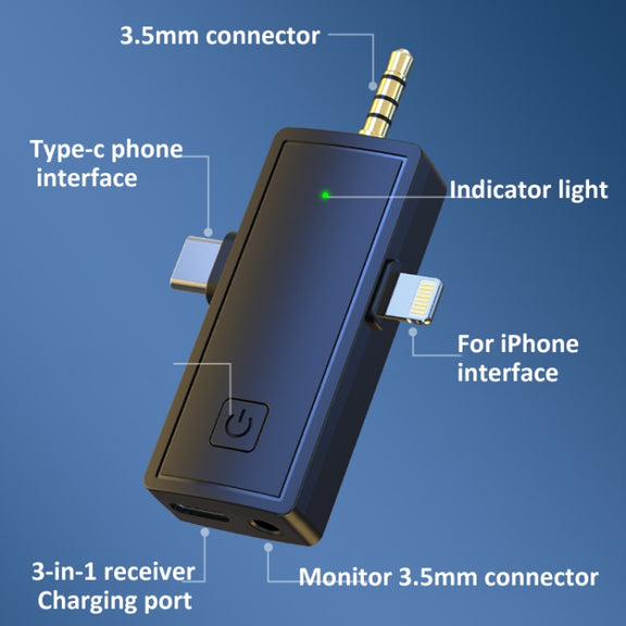 3 In 1 Wireless Lavalier Microphone For iPhone Type-C / USB-C 3.5mm Jack Smartphone SLR Camera PC 1 Drag 2