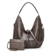 Women Large Capacity Tote Bag PU Leather Shoulder Bag 2 In 1 Light Gray