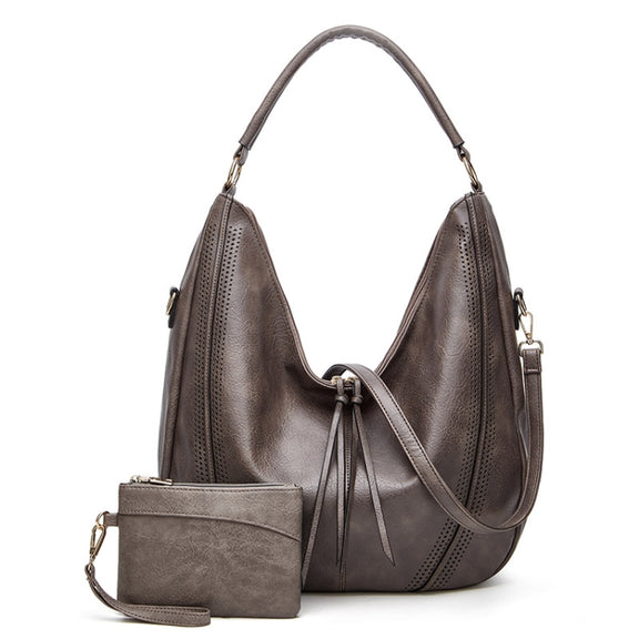 Women Large Capacity Tote Bag PU Leather Shoulder Bag 2 In 1 Light Gray