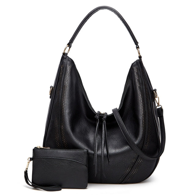 Women Large Capacity Tote Bag PU Leather Shoulder Bag 2 In 1 Black