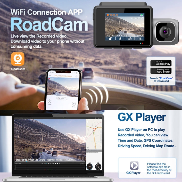M700A 3 Channels Car Recorder 4K UHD Front+1080P Inside+2K Rear+GPS+WIFI Dash Cam(Black)