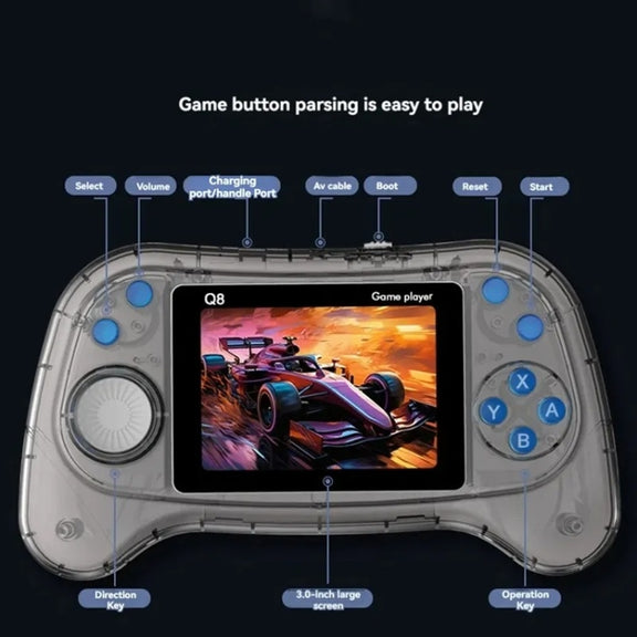 Q8 Handheld Game Console 3.0 Inch Screen Support TV Connection Built In 800 Games Singles Transparent Gray