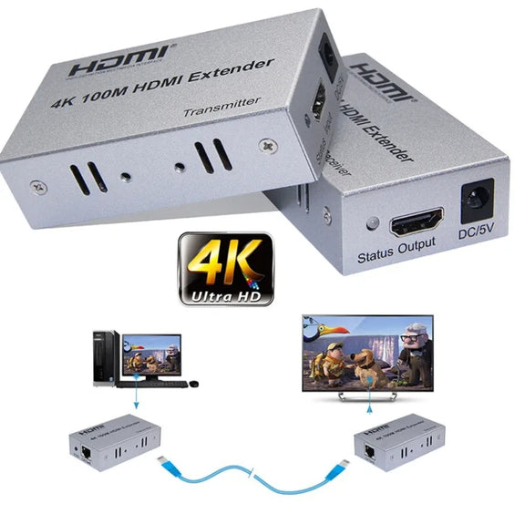 HDMI To RJ45 Single Ethernet Cable 100m Extender 4K HD Cable Signal Amplifier UK Plug(Black)