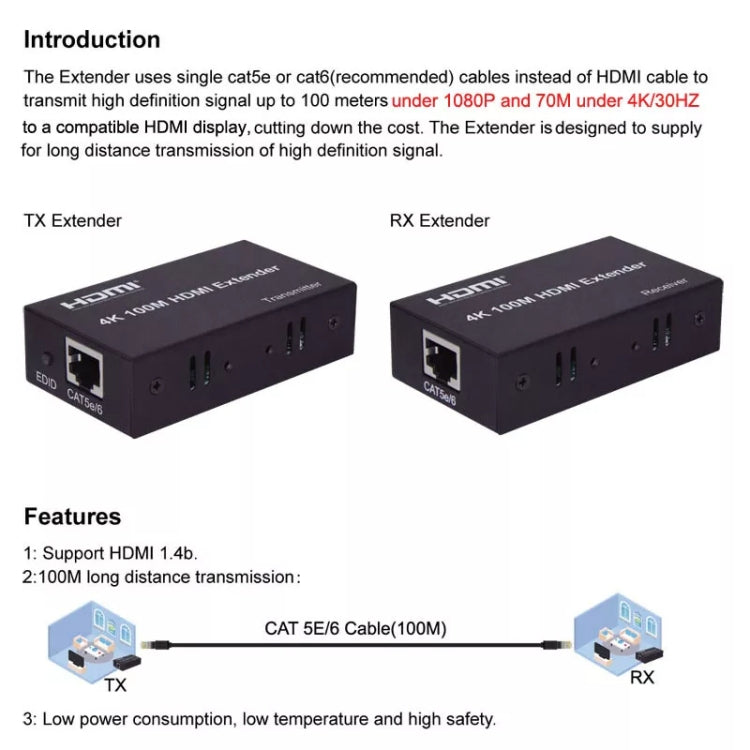 HDMI To RJ45 Single Ethernet Cable 100m Extender 4K HD Cable Signal Amplifier UK Plug(Black)