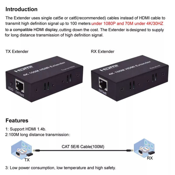 HDMI To RJ45 Single Ethernet Cable 100m Extender 4K HD Cable Signal Amplifier UK Plug(Black)
