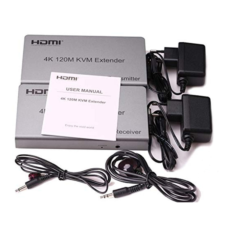 KVM 120m 4K HD Extender Computer Mouse Keyboard HDMI Single Ethernet Cable Transmitter + Receiver US Plug(Gray)