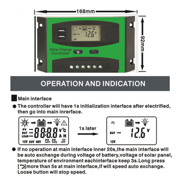 30A 12V/24V Solar Charge And Discharge Controller Dual USB Port LCD Solar Cells Panel Charge Regulator