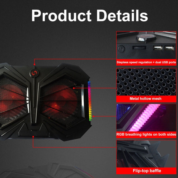 YL-017 2-Fans RGB Lighting Effect Silent Adjustable Speed Laptop Cooling Stand(Black)
