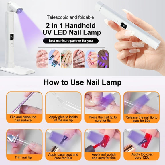 UV LED Nail Lamp Portable Retractable Nail Drying Light Mini Handheld Nail Dryer Lamp With Bracket(White)