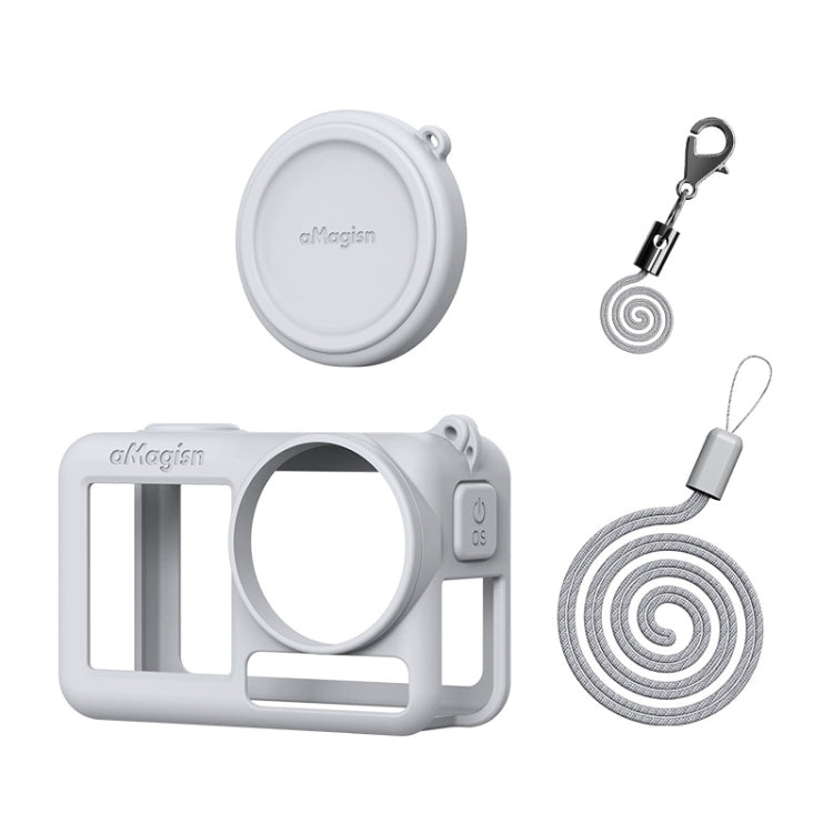 For DJI Osmo Action 5 Pro aMagisn Silicone Protective Case with Lanyard and Lens Cap(Light Gray)