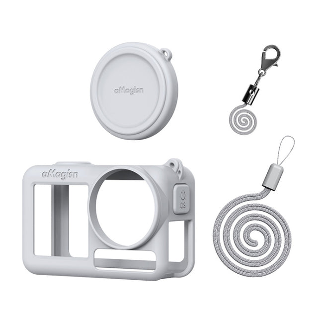 For DJI Osmo Action 5 Pro aMagisn Silicone Protective Case with Lanyard and Lens Cap(Light Gray)