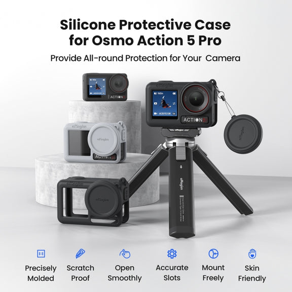 For DJI Osmo Action 5 Pro aMagisn Silicone Protective Case with Lanyard and Lens Cap(Light Gray)