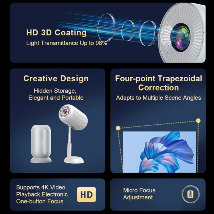 TS-6 Android 11 WiFi6 4K Mini Projector Hidden Lift Gimbal Projector AU Plug(White)