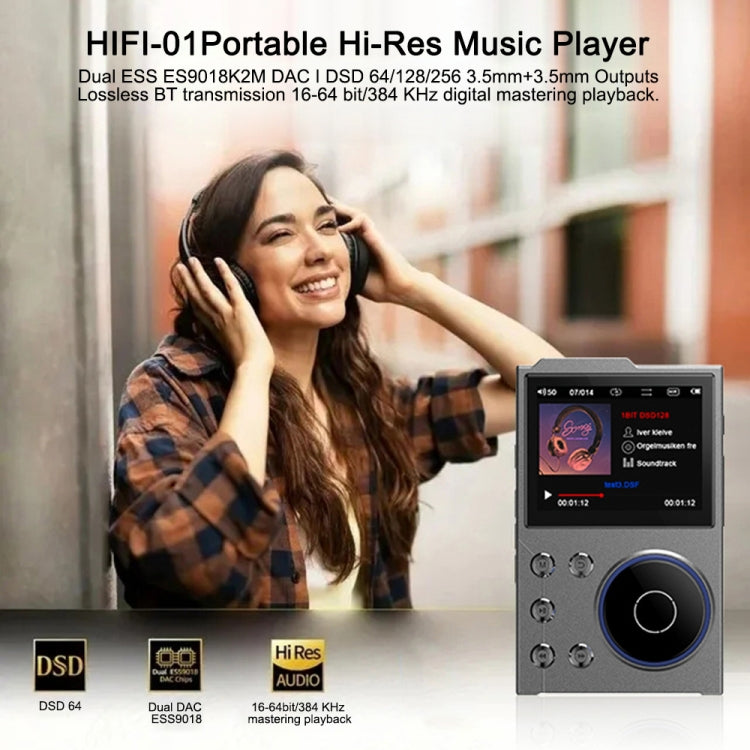 2.4 Inch HIFI Bluetooth Music Player DSD256 Mastering Sound Quality Walkman, Memory: 16GB+8GB(Black)