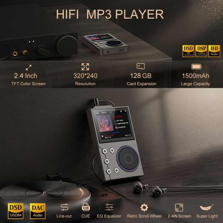 2.4 Inch HIFI Bluetooth Music Player DSD256 Mastering Sound Quality Walkman, Memory: 16GB(Black)