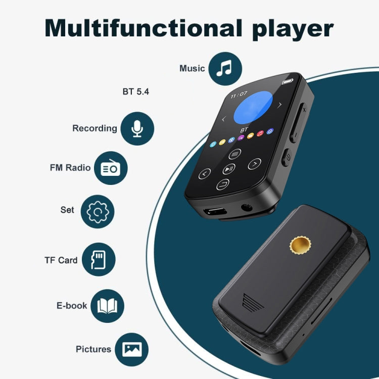 MP3 Bluetooth Music Player HIFI Sports Clip Touch Screen MP4, Memory: 32GB(Black)