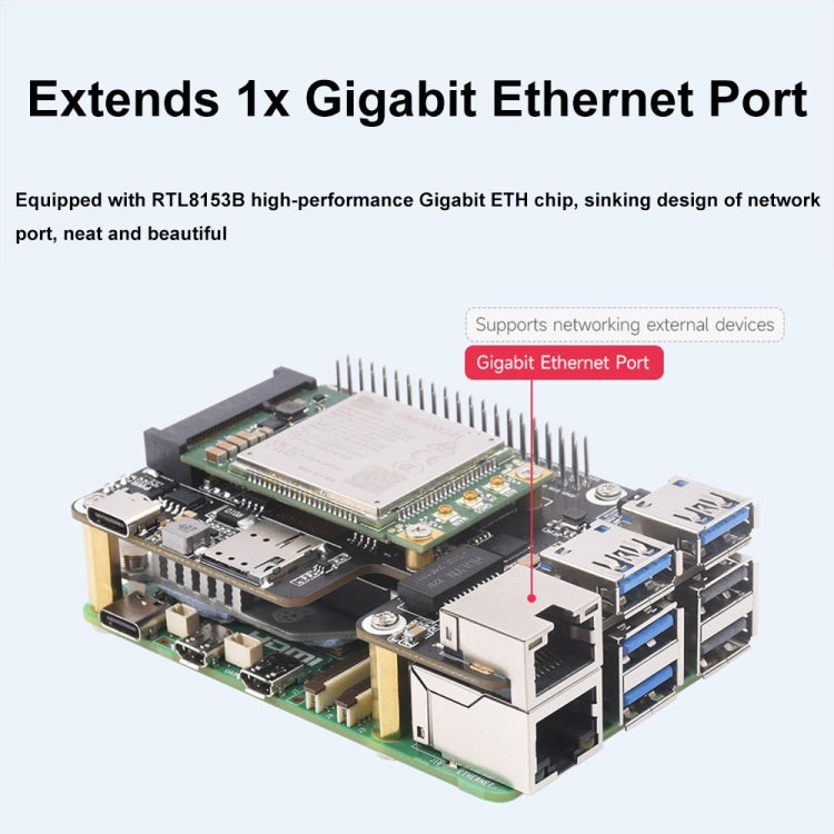 Waveshare For Raspberry Pi 5 PCIe to MiniPCIe / Gigabit Ethernet / USB 3.2 Gen1 HAT, Spec: EG25-G