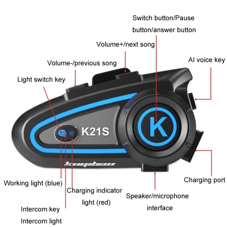 KUQIBAO K21S Motorcycle Riding Helmet Dual Intercom Bluetooth Headset With Lights(Hard Microphone)