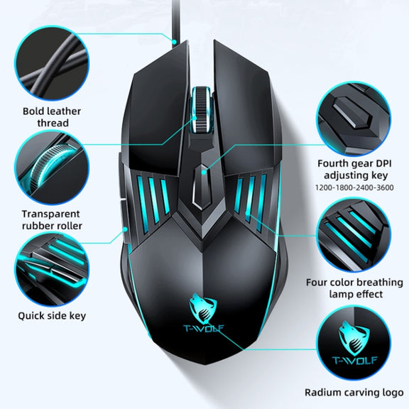 T-WOLF G560 6-keys Cool Breathing Light Gaming Wired Mouse Mechanical Office Silent Mouse(Gray)