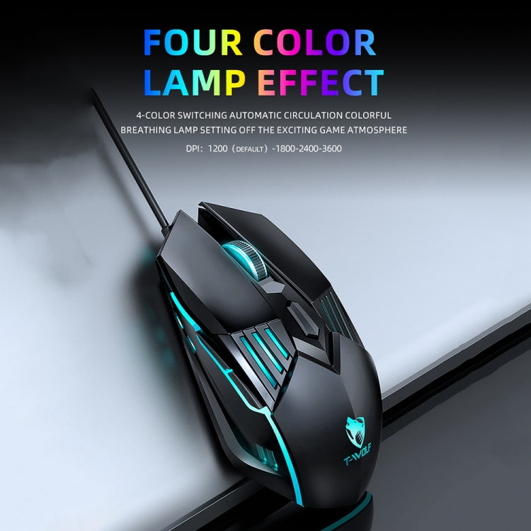 T-WOLF G560 6-keys Cool Breathing Light Gaming Wired Mouse Mechanical Office Silent Mouse(Gray)