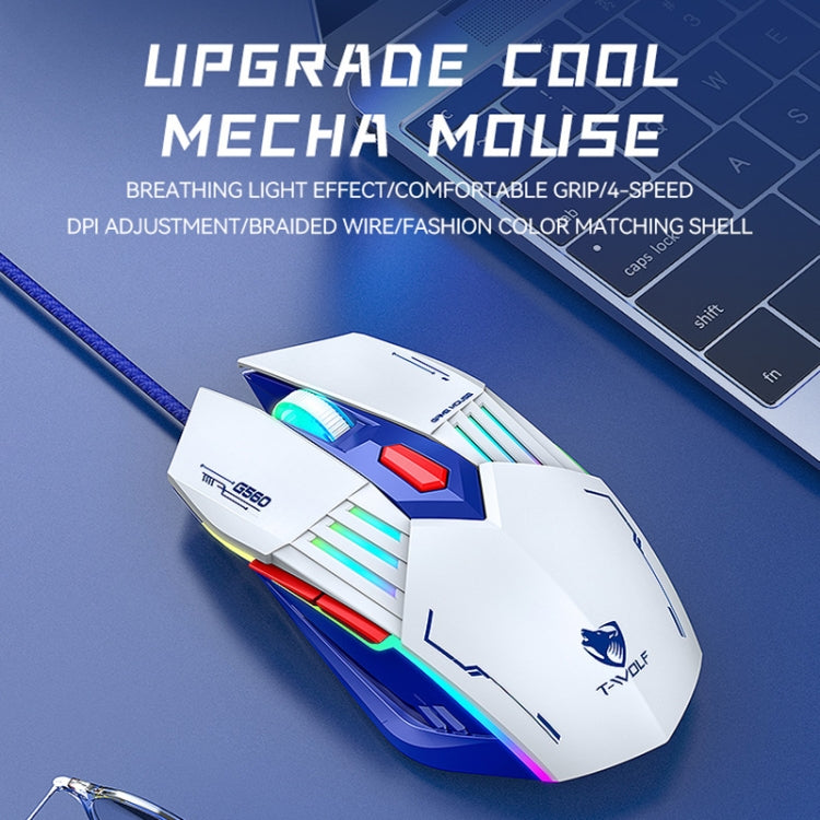 T-WOLF G560 6-keys Cool Breathing Light Gaming Wired Mouse Mechanical Office Silent Mouse(Gray)