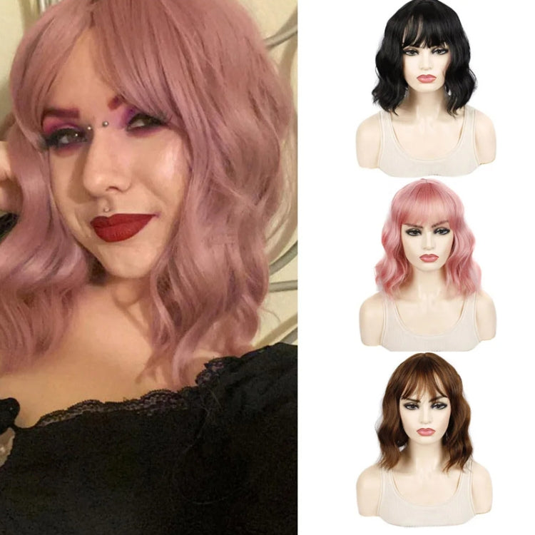 Water Wave Ripple Short Curly Hair With Bangs Fluffy Wig Headcovers, Color: Purple Candy