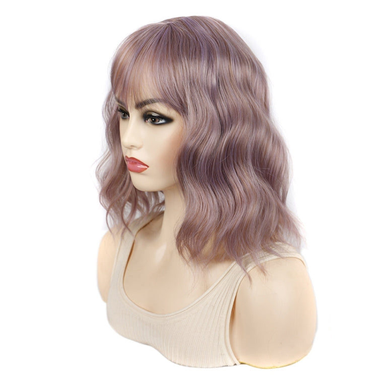 Water Wave Ripple Short Curly Hair With Bangs Fluffy Wig Headcovers, Color: Purple Candy