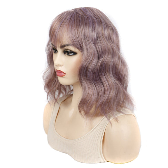 Water Wave Ripple Short Curly Hair With Bangs Fluffy Wig Headcovers, Color: Purple Candy