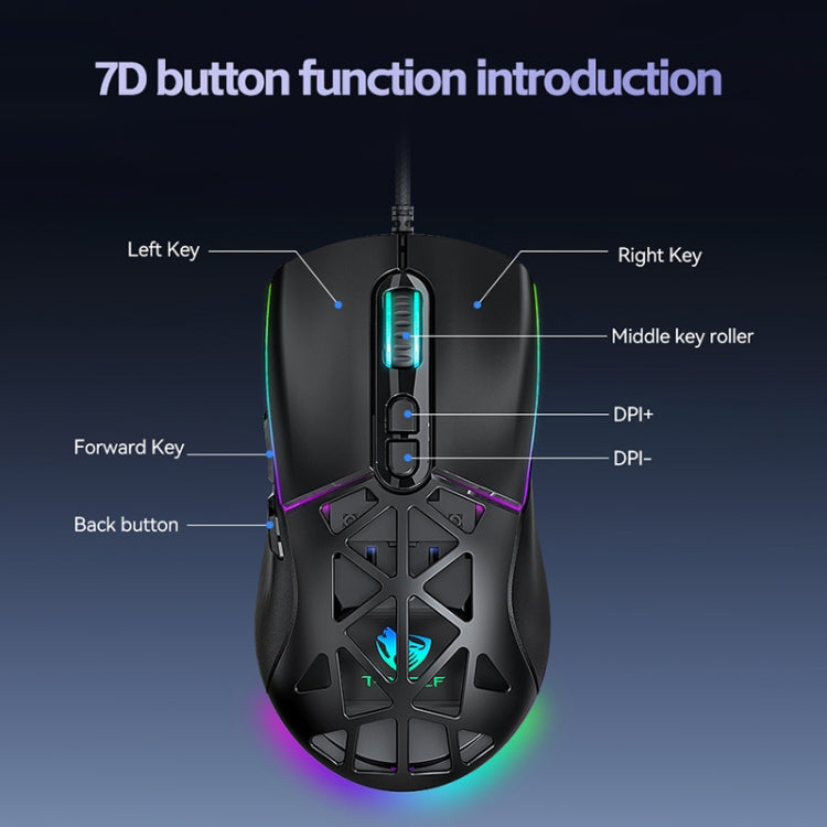 T-WOLF G520 7-keys RGB Marquee Honeycomb Hollow Gaming Wired Mouse(Black)