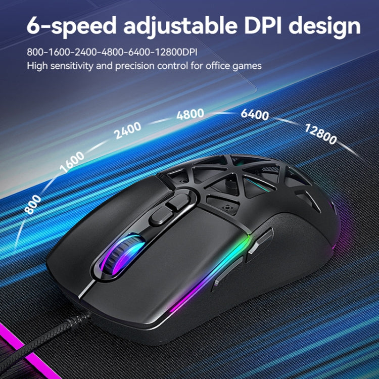 T-WOLF G520 7-keys RGB Marquee Honeycomb Hollow Gaming Wired Mouse(Black)