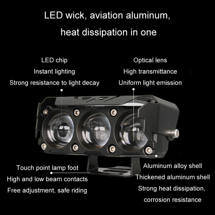 35W Motorcycle Spotlight Dual Color LED Headlight Triple Eye Water-resistant Headlight, Model: Straight Bright-Near White+Far White (3 Wires)