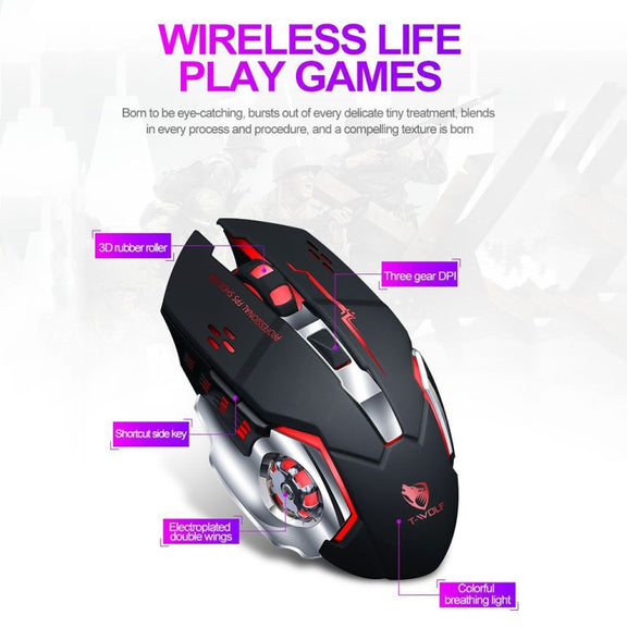 T-WOLF Q13 2.4GHz 6-keys RGB Colorful Light Gaming Wireless Mouse, Color: Dual Mode Star Black