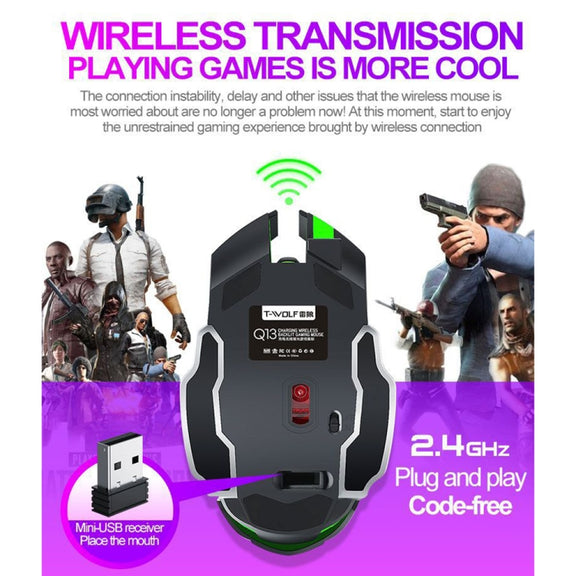 T-WOLF Q13 2.4GHz 6-keys RGB Colorful Light Gaming Wireless Mouse, Color: Single Mode Star Black